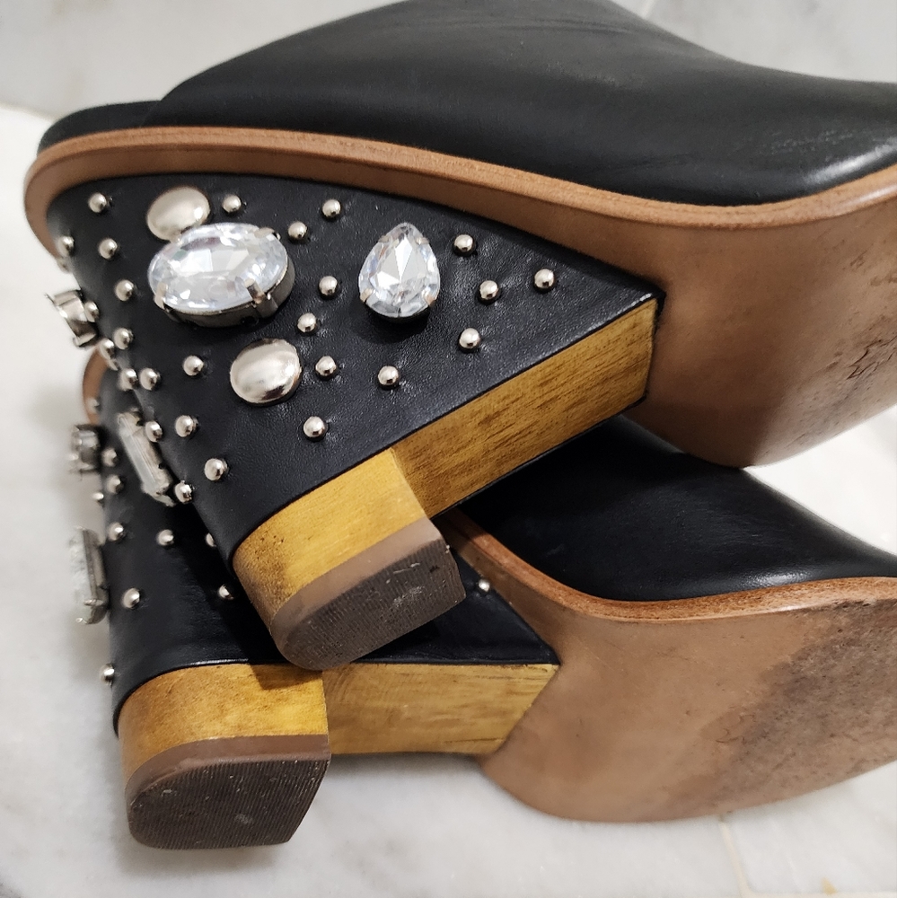 Tibi Britt Mules Black Leather Jeweled Studded Wedge 38 Open Toe - Picture 9 of 16